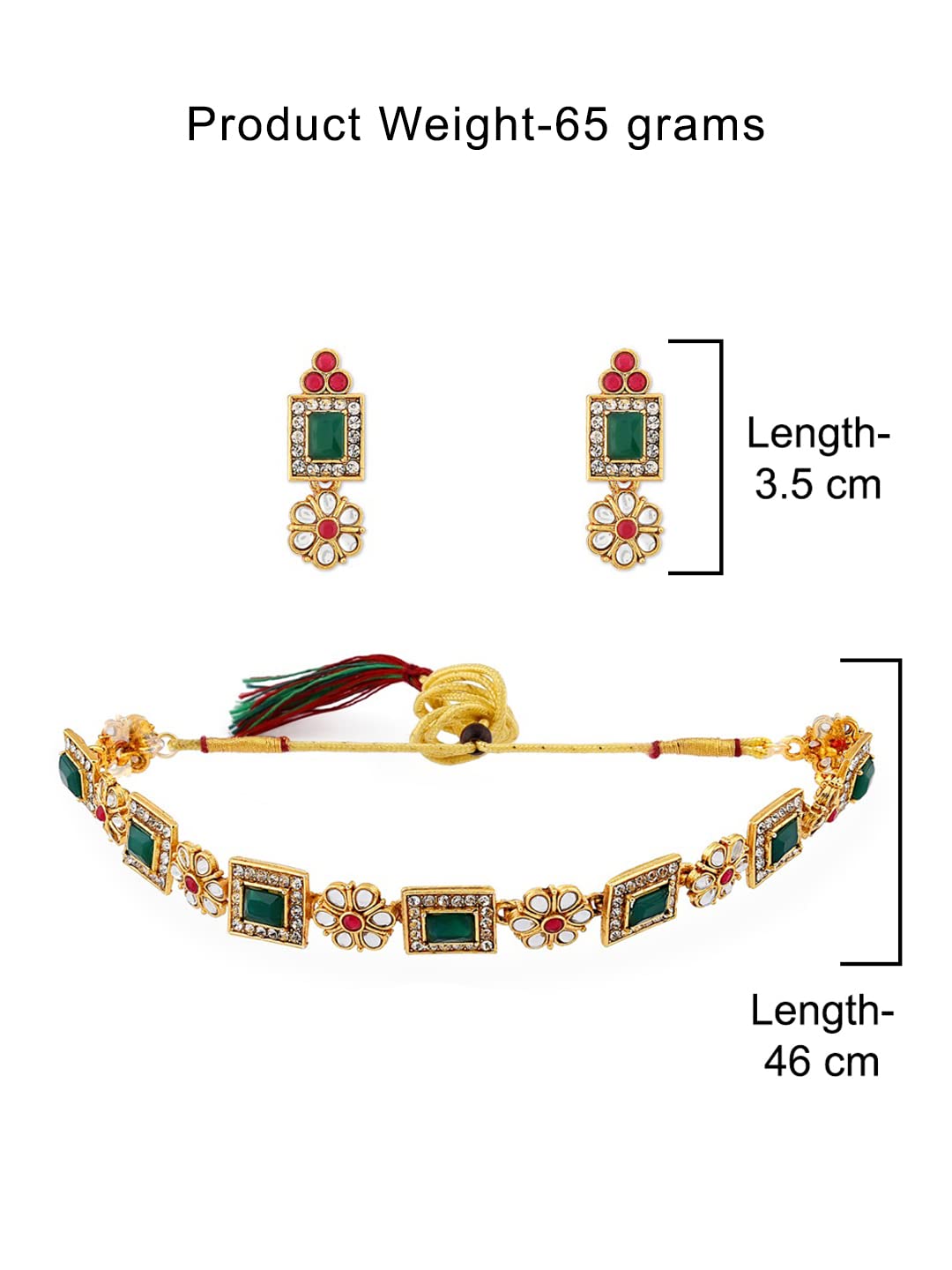 ZAVERI PEARLS Green & Pink Stones Ethnic Collar Bone Necklace Earring & Ring Set For Women-ZPFK11665