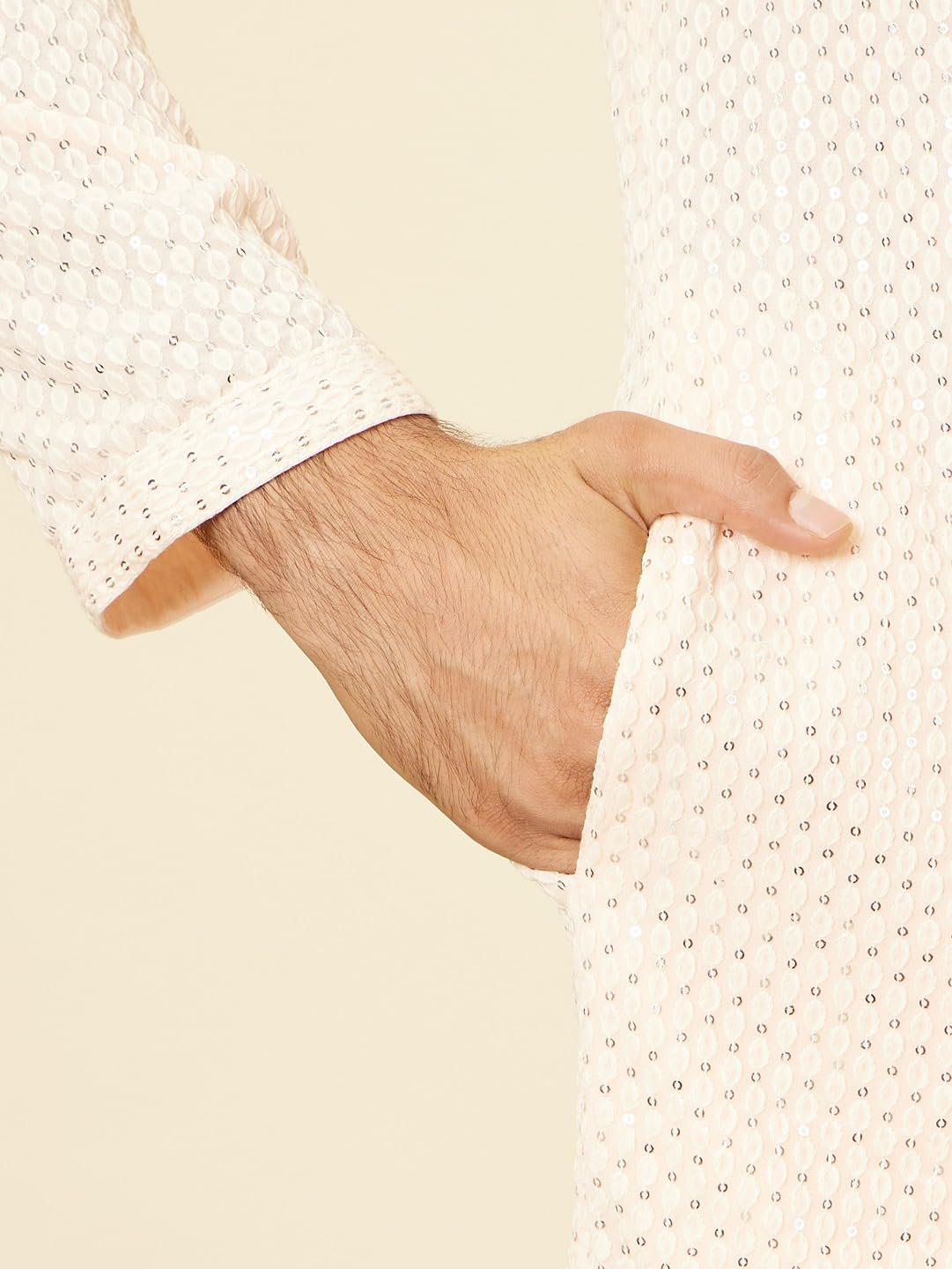 Manyavar Mens Peach Georgette Embroidered Kurta Pyjama Set