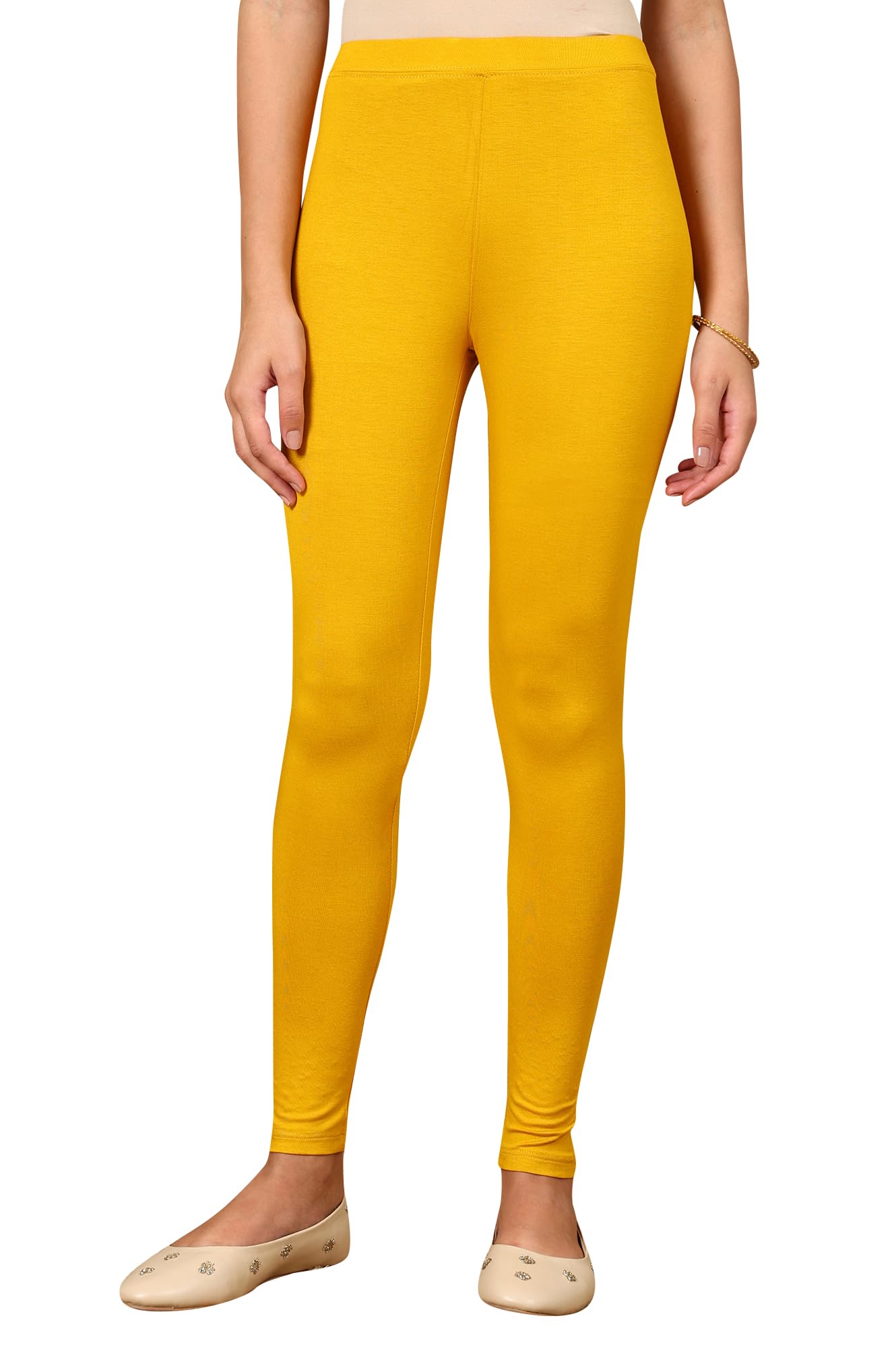 W for Woman Yellow Solid Viscose Lycra Tights with Elasticated Band_24AUW62170-222427_XL
