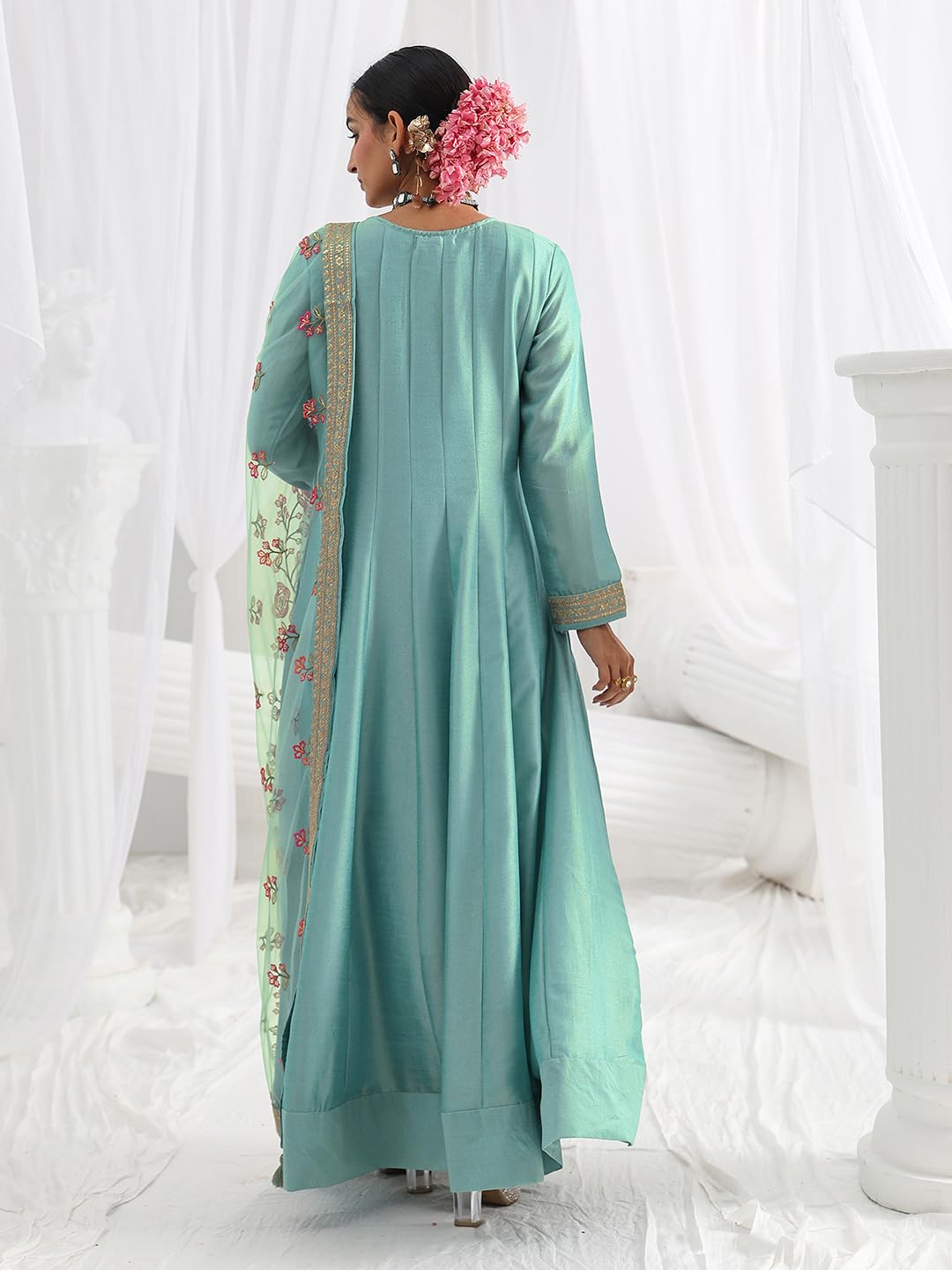 Libas Embroidered Silk Blend A-Line Ethnic Dress with Dupatta-93637L