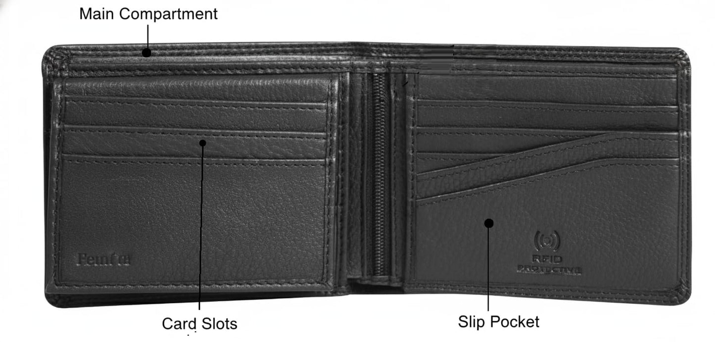 Calfnero Men's Genuine Leather Wallet for Men | RFID Protected | Bifold Wallet with Flip ID Window, Coin Pocket & Zipper Compartment