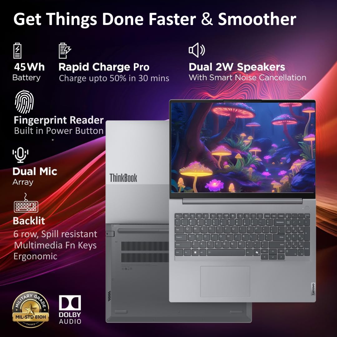 Lenovo ThinkBook 16 AMD Ryzen 7 7735HS (16GB RAM/512GB SSD/Win 11 Home/Office 2024/Backlit Keyboard/Fingerprint) 16" WUXGA IPS 300 Nits Thin & Light Laptop/1Y Warranty/Aluminium Top/1.7kg, 21MWA0R4IN
