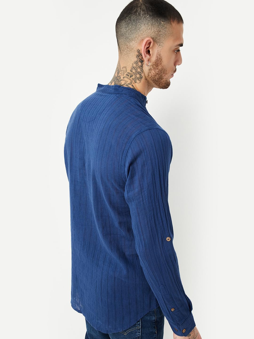 Max Men's Long Sleeves Regular Fit Band Collar Waist Length Cotton Kurta (Blue_M)