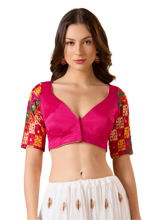 S SALWAR STUDIO Pink Chinon Silk Sweetheart Neck Phulkari Readymade Blouse