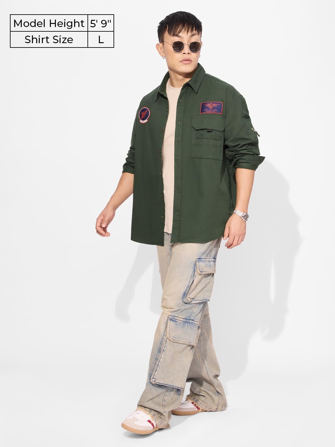 The Souled Store Official Top Gun: Flight Crew Men and Boys Long Sleeves Collared Neck Button Front Green Patch Embroidery Regular Fit Cotton Shirts