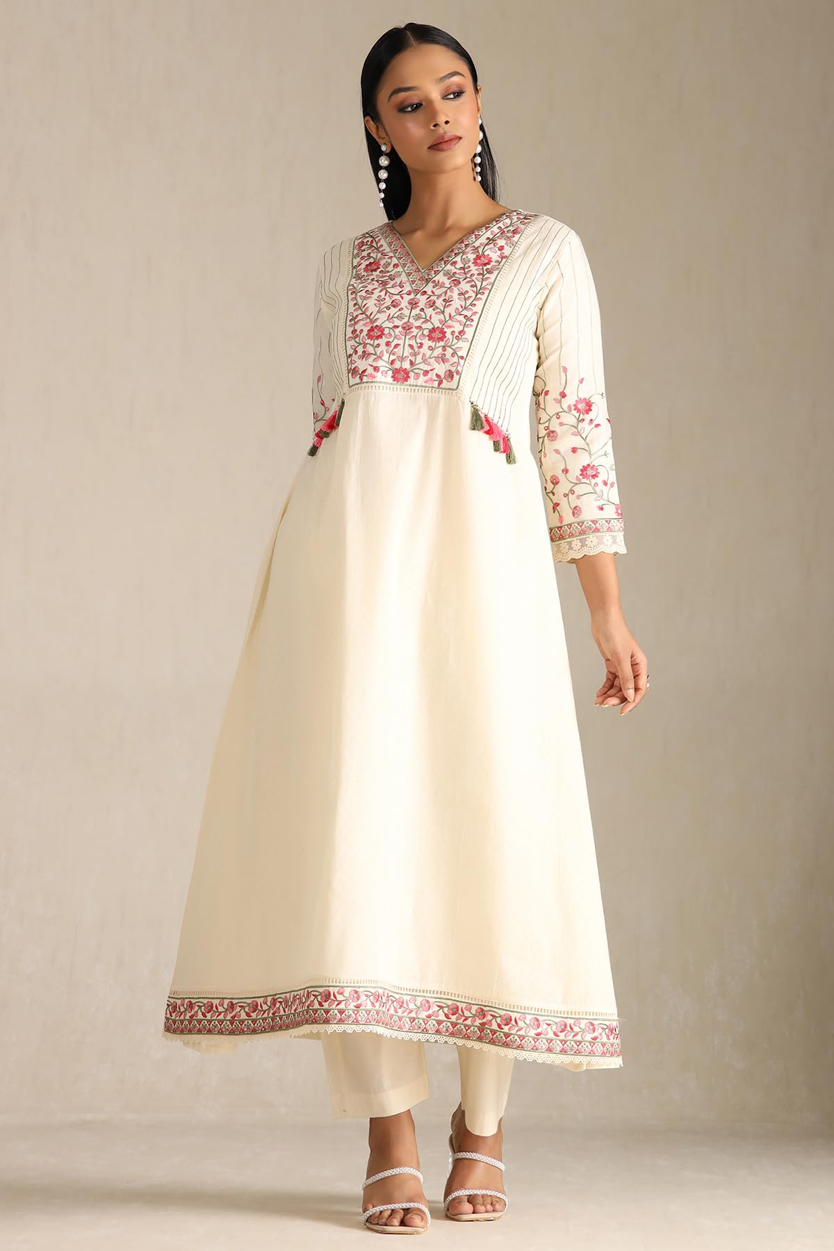 Soch Womens Off White Cotton Floral Print Suit Set With Thread Work