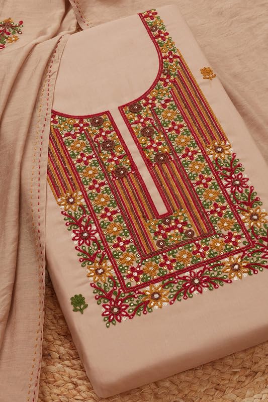 Soch Womens Beige Cotton Blend Embroidered Unstitch Dress Material With Sequins