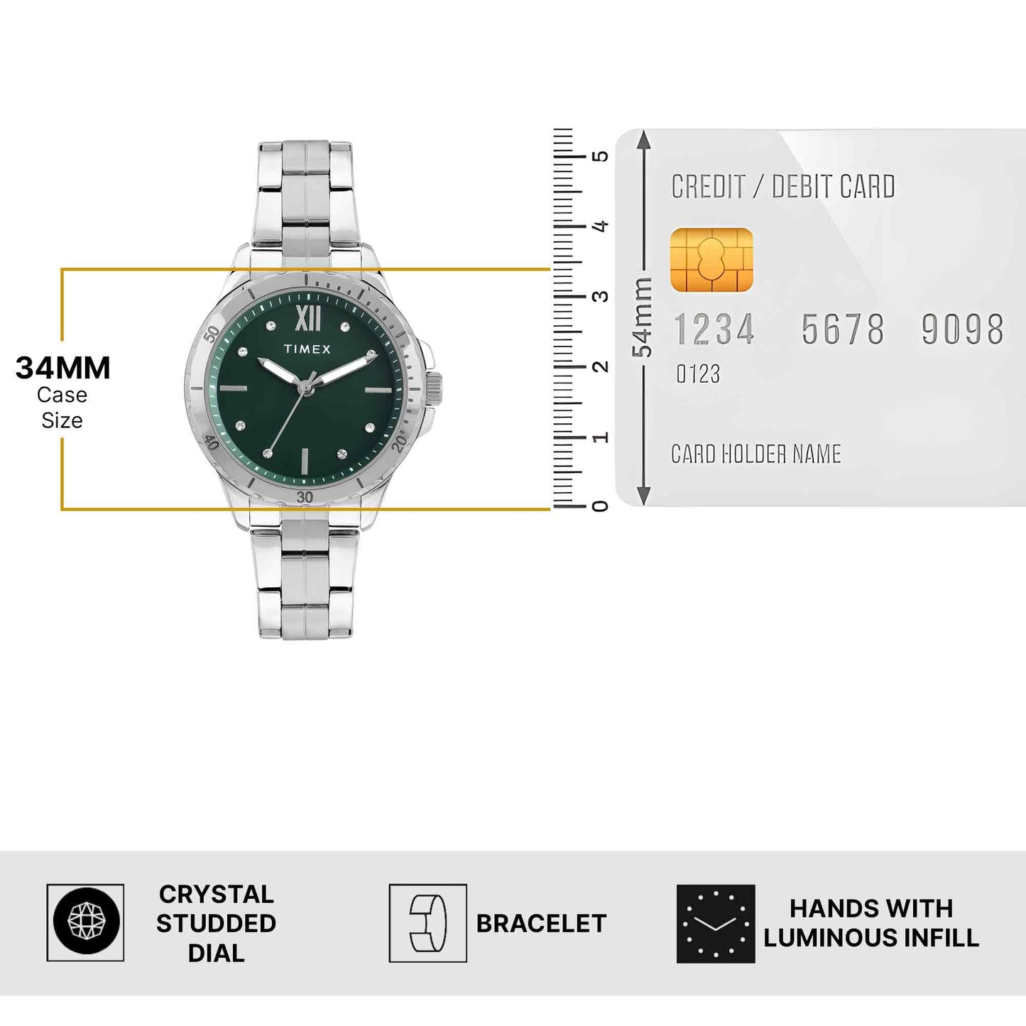 TIMEX Analog Watch for Women with Green Dial & Silver Stainless Steel Bracelet Band - Water Resistant Women's Wrist Watches -TWEL232SMU03