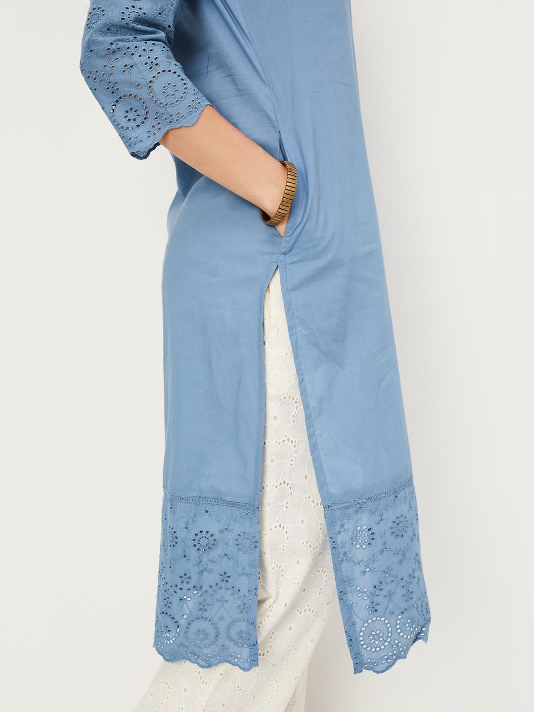 Max Women Cotton Blend Straight Fit Straight Kurta (Wwdr31006Blue_Blue, Small)