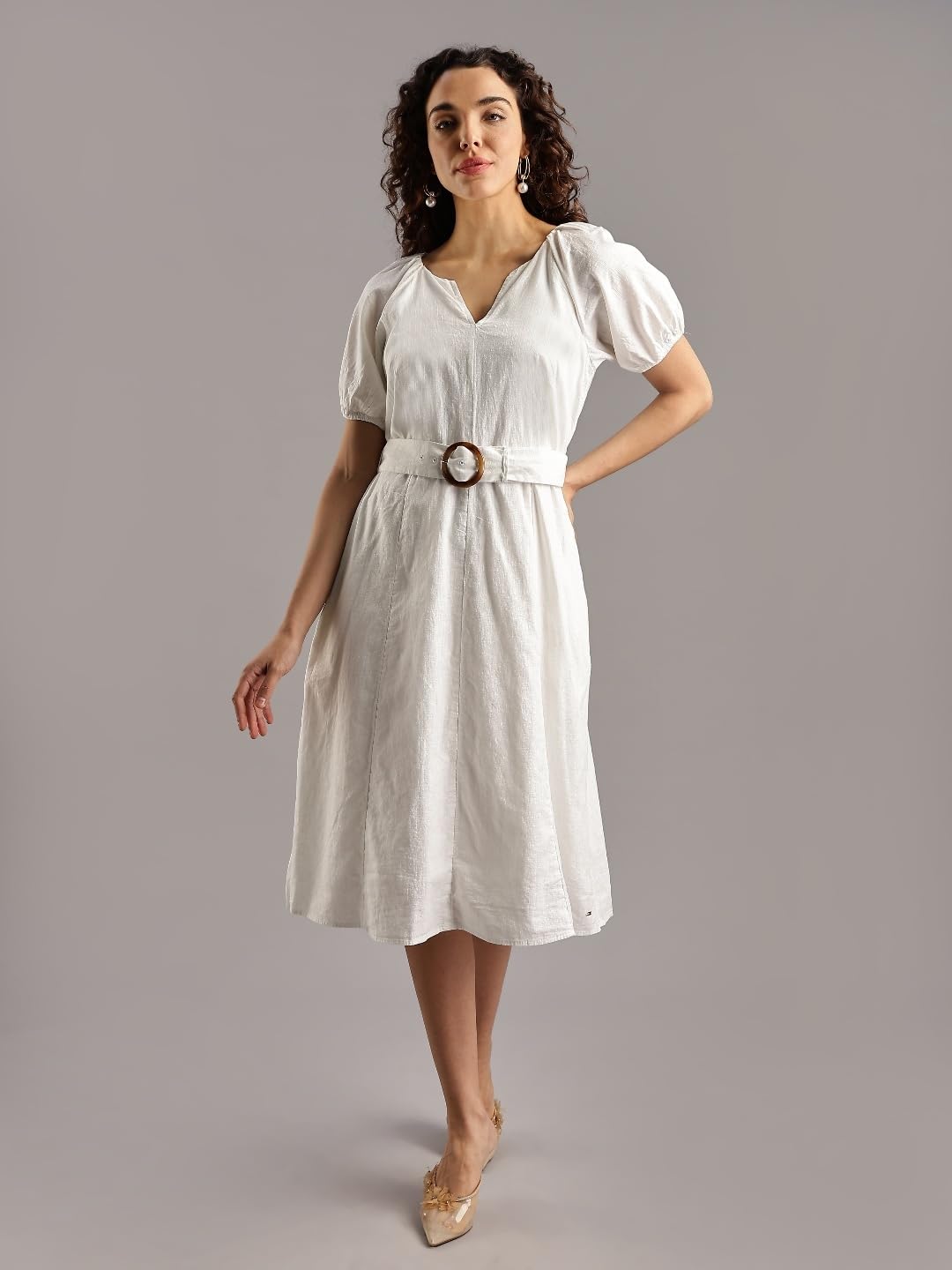 Tommy Hilfiger Cotton Split Neck A-Line Dress Ecru