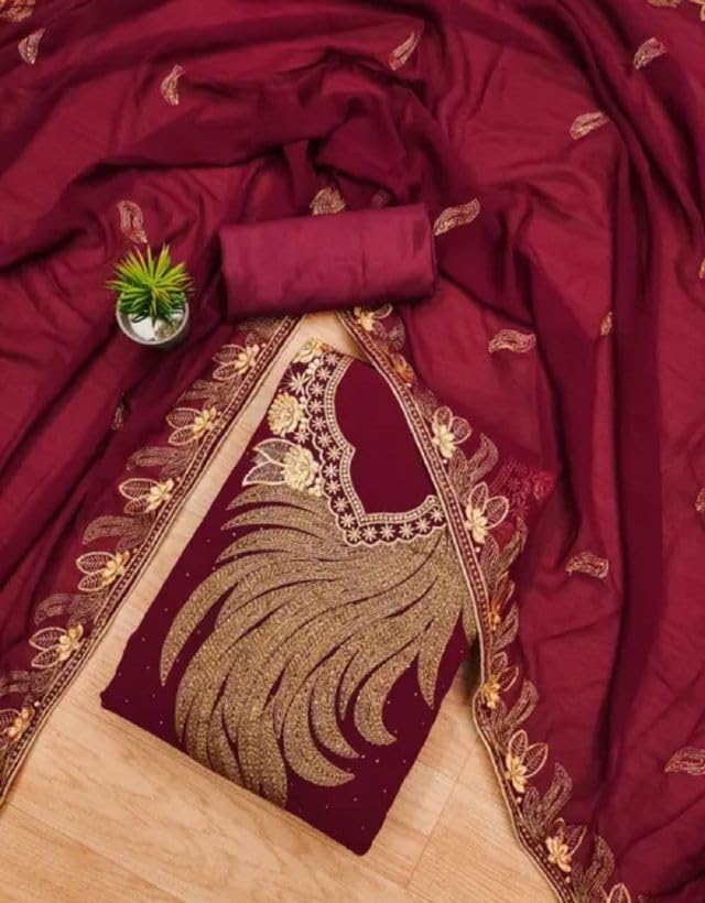 VARNI FABRICS Georgette Dress Material for Women Embroidered Unstitched Woman Salwar Suit Dress Material With Georgette Dupatta Deep Maroon