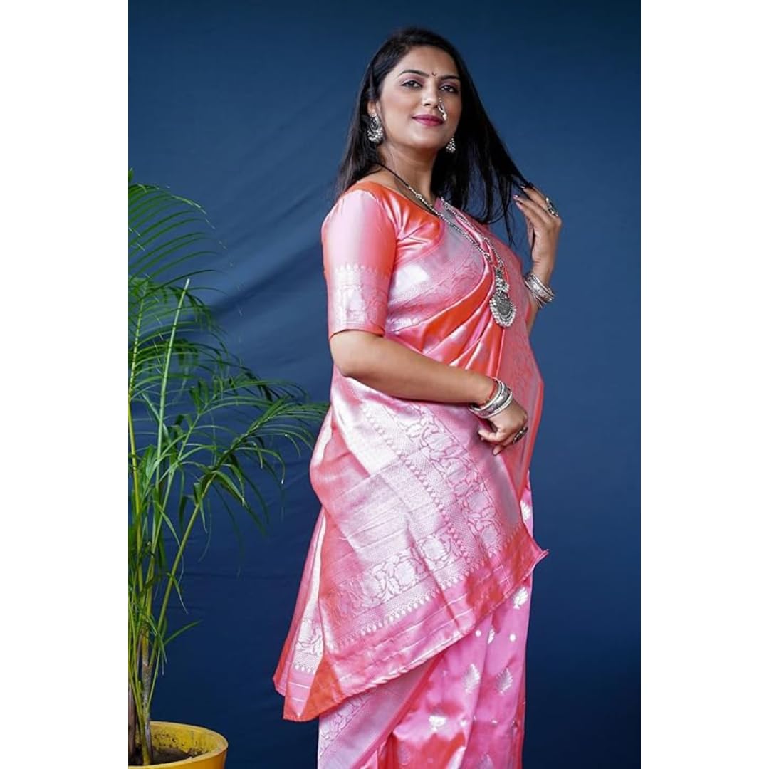 AMIRAT Women's Banarasi Silk Saree and Unstitched Blouse Piece with Heavy Floral Border Jacquard Woven Zari | Saree Blouse for Women | Peach