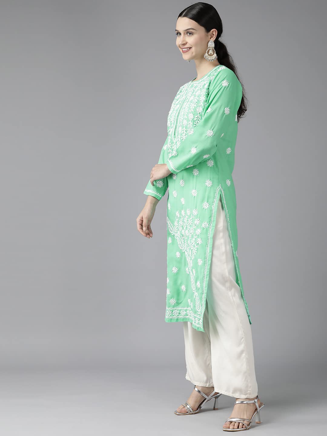 Ada Hand Embroidered Lucknowi Chikan Sea Green Cotton Kurta Kurti Tunic for Women A411418 (L)
