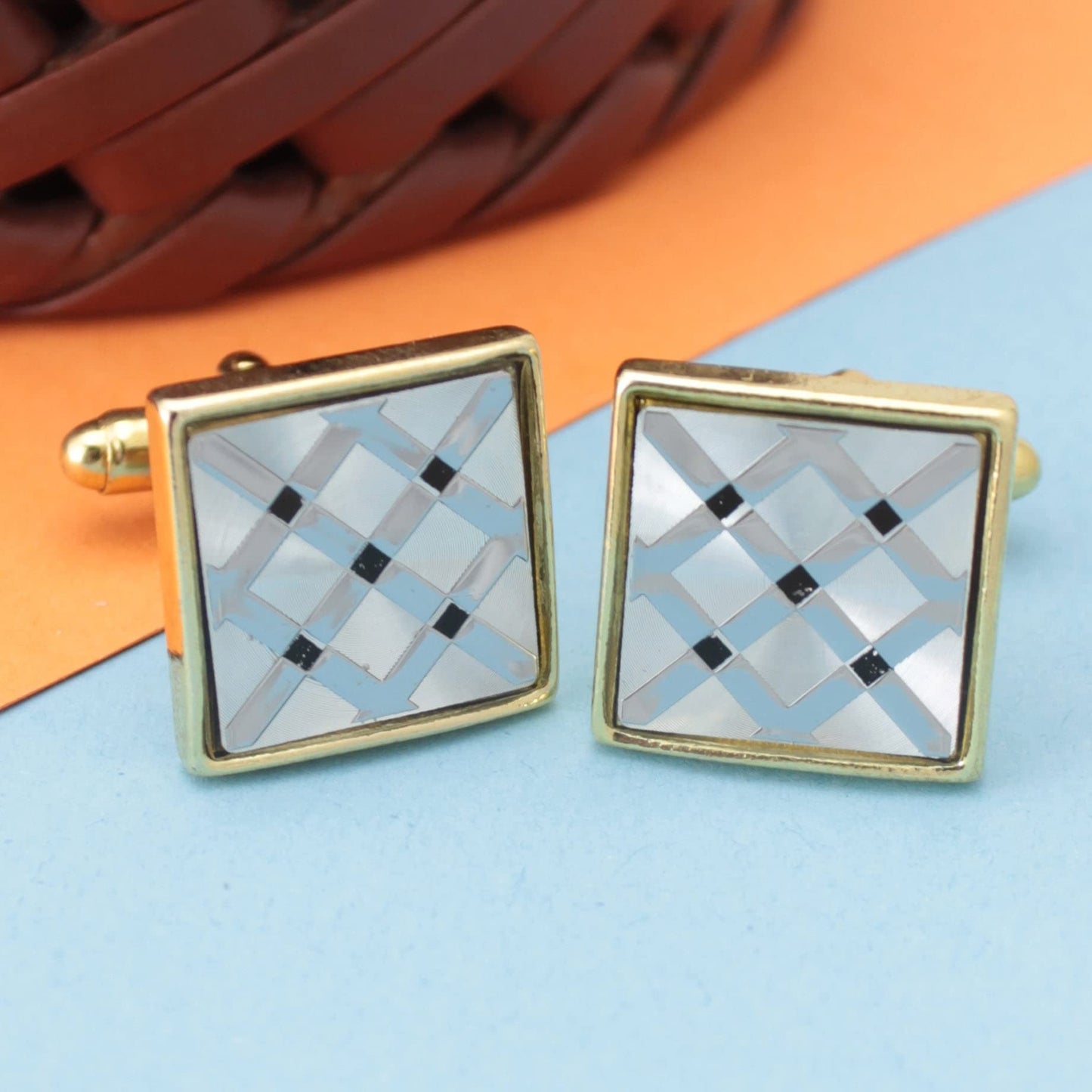 Kavove The Check & Mate Silver & Golden Cufflink For Men