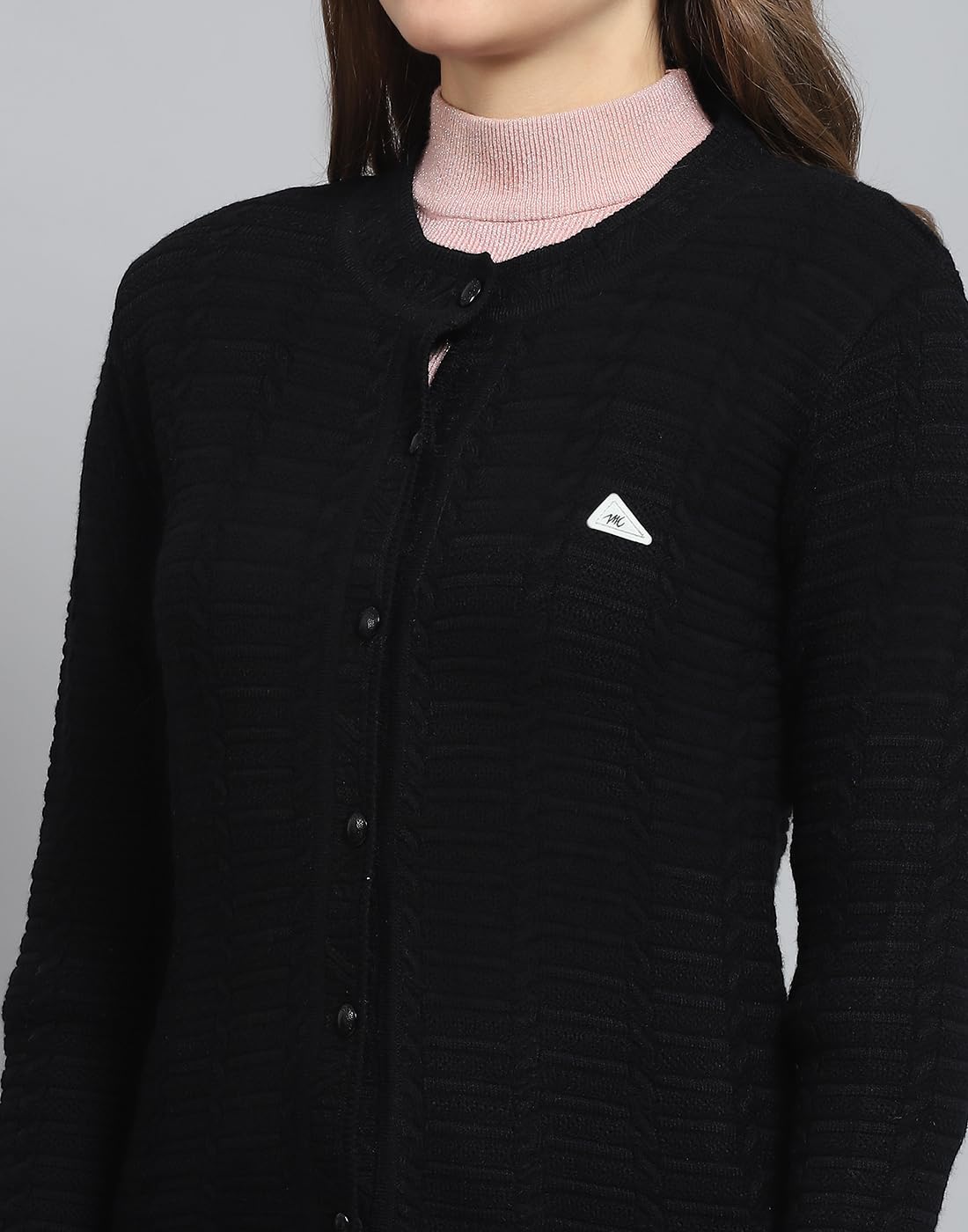 Monte Carlo Womens Self Design Black Round Neck Full Sleeve Cardigan