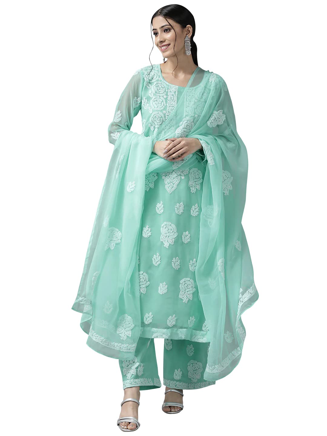 Ada Hand Embroidered Lucknow Chikankari Unstitched Georgette Dress Material Suit Set for Women A211211 Sea Green