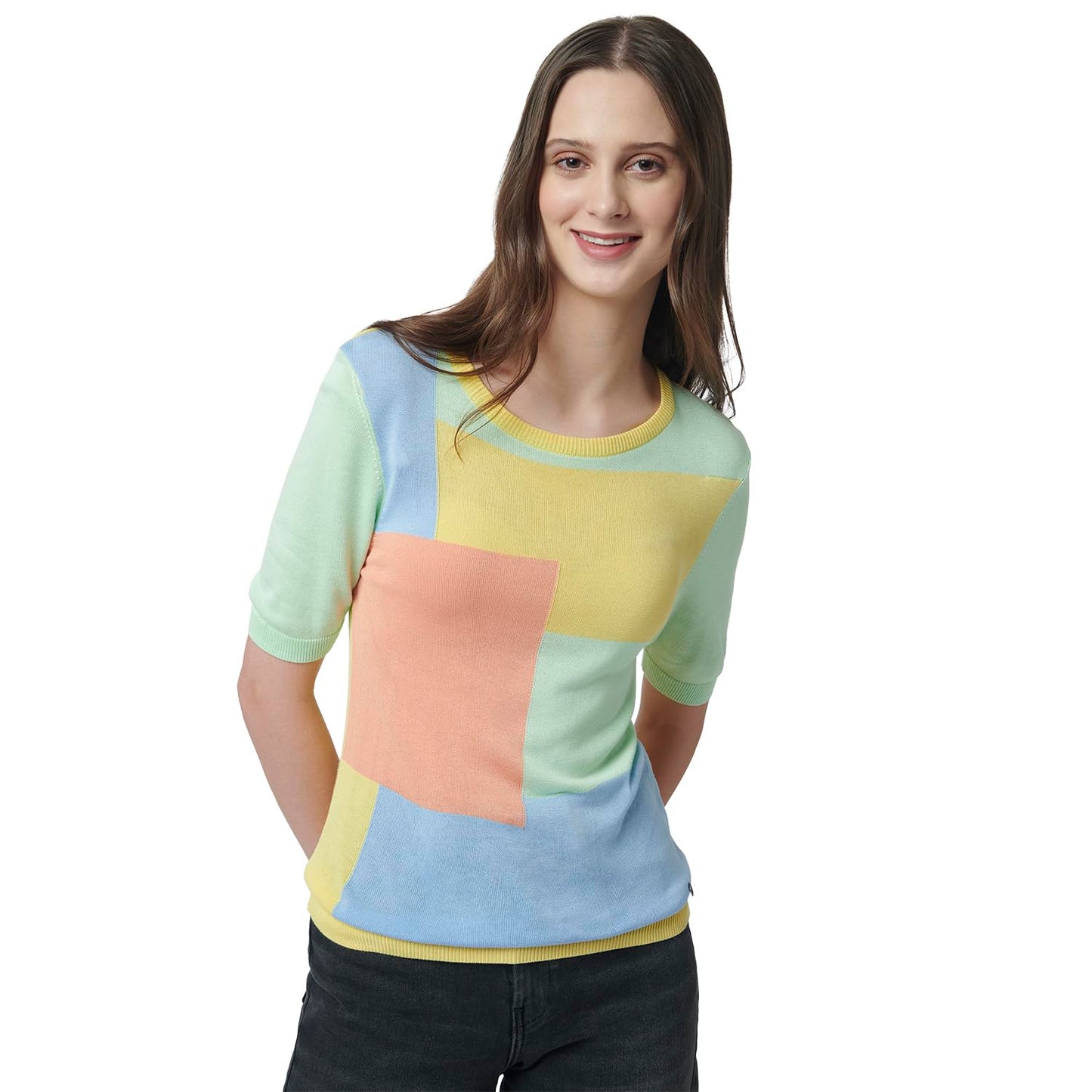 Pepe Jeans Color Block Viscose Round Neck Women's T-Shirt (Pink, Medium)