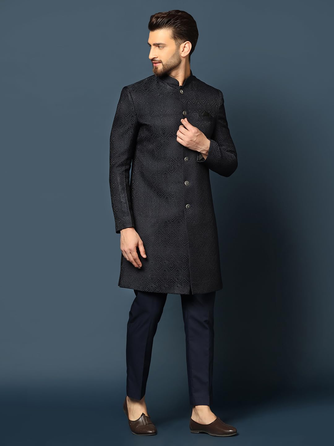 KISAH Men's Navy Blue Sherwani Trousers Set, Cotton Full Sleaves, Knee Length, Straight, Regular Fit, Mandarin Collar Ethnic Wear