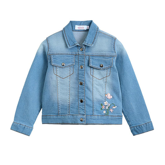 Hopscotch Girls Blue Full Sleeves Cotton Embroidered Denim Jacket For Ages (12-18 Months)