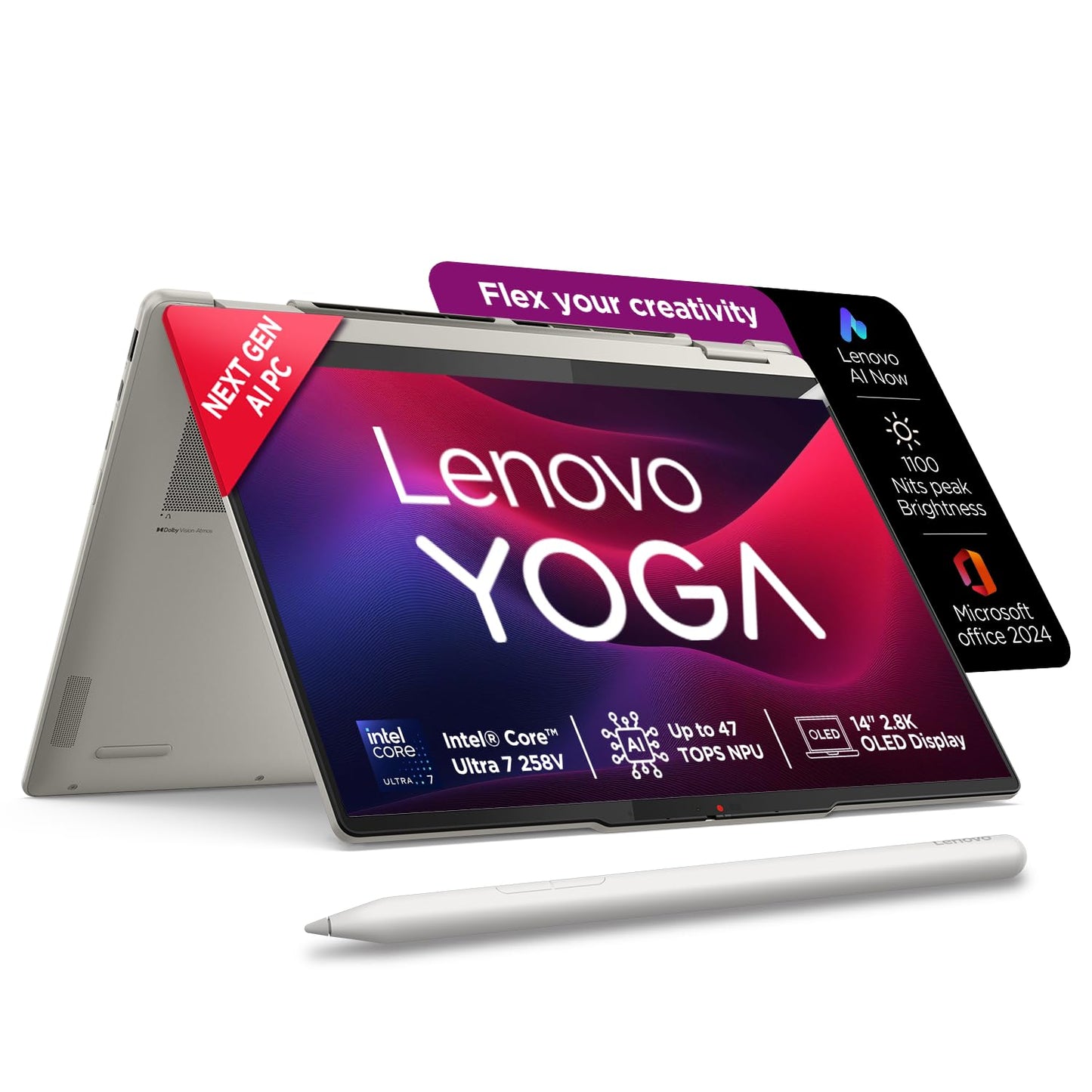 Lenovo Yoga 7 2-in-1, Intel Core Ultra 7 258V, 32GB RAM, 1TB SSD, WQXGA+ OLED, Copilot+ AI PC, 14"/35.5cm, Win 11, Office 2024, Seashell, 1.38Kg, 47 Tops, Yoga Pen, 83JQ000NIN, Convertible Laptop