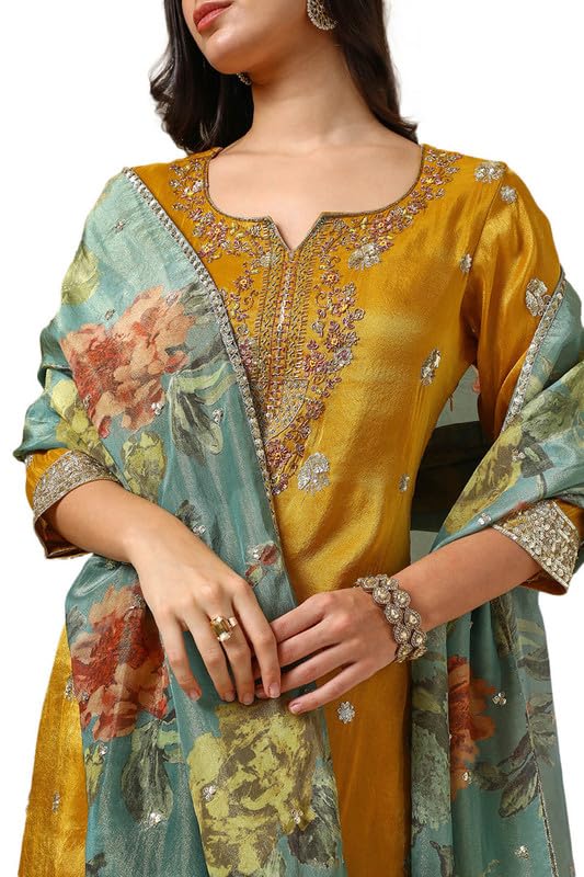 Soch Womens Mustard Tissue Suit Set With Sequins