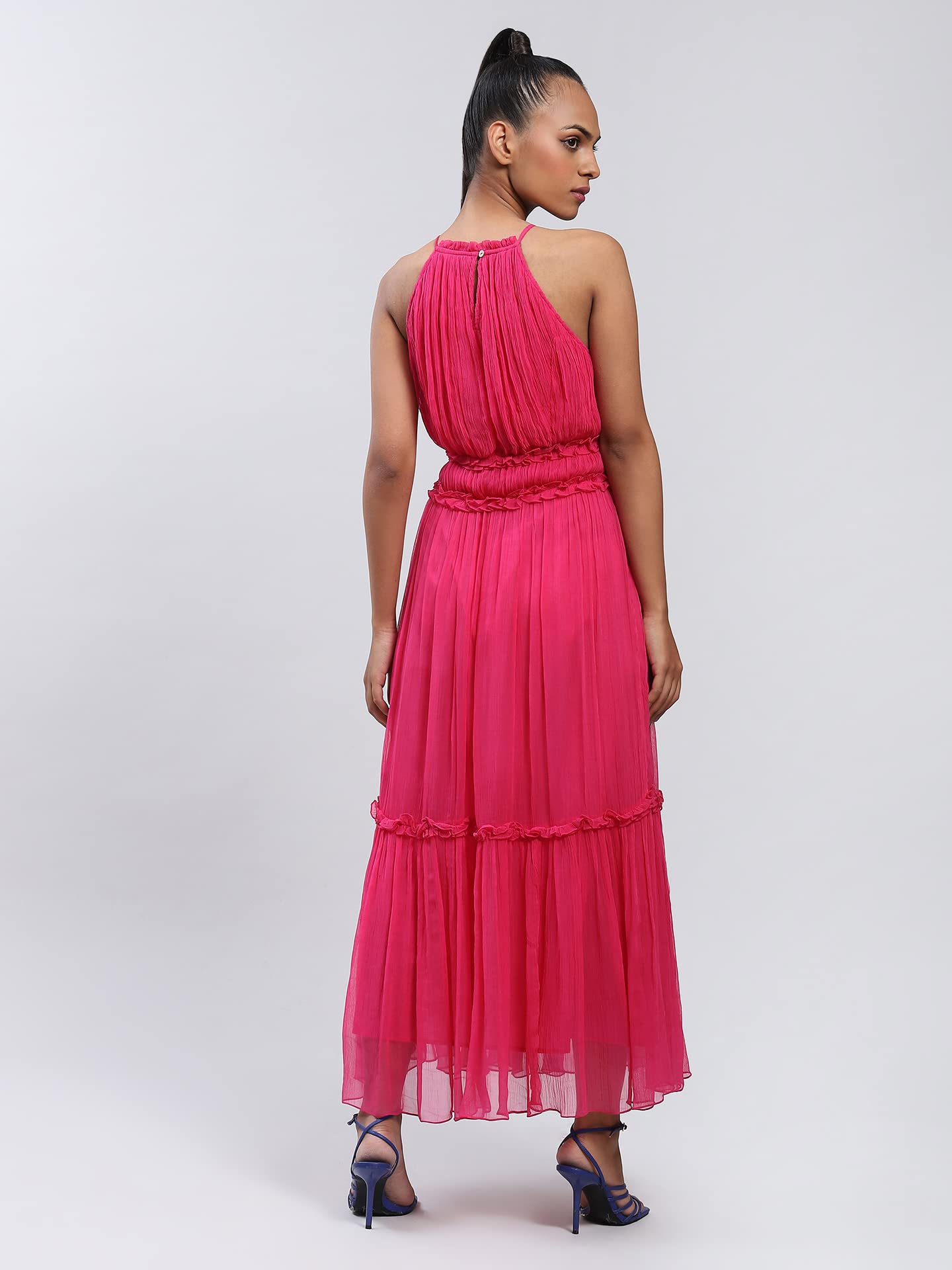 Label RITU KUMAR Halter Neck Solid Long Dress Pink