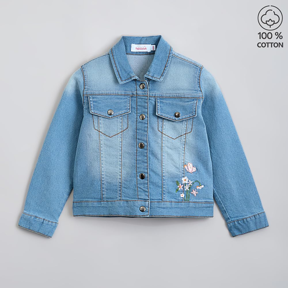 Hopscotch Girls Blue Full Sleeves Cotton Embroidered Denim Jacket For Ages (12-18 Months)