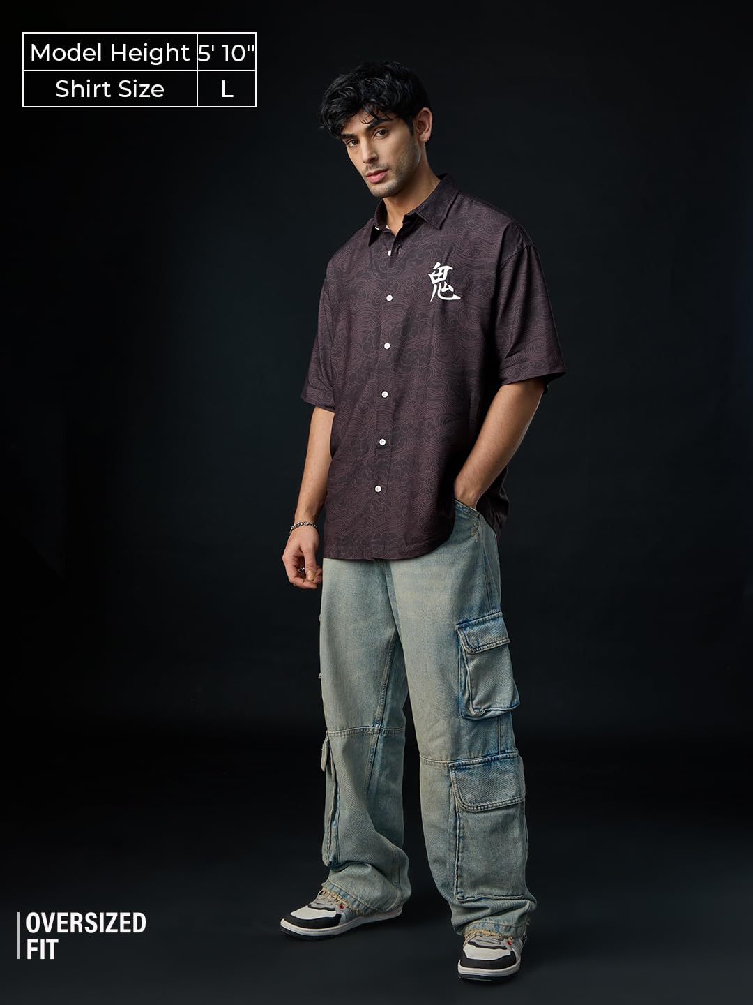 The Souled Store: The Last Shogun Men and Boys Short Sleeve Collared Neck Button Front Dark Brown Graphic Printed Rayon Oversized Shirts