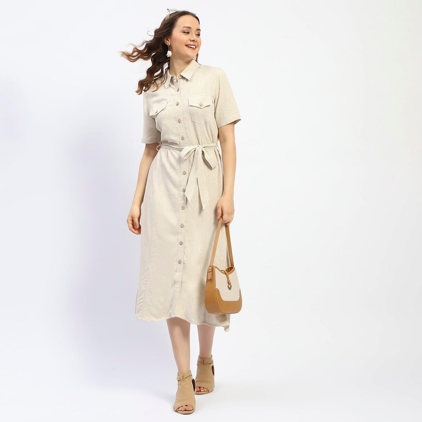 Madame Beige Button Down Viscose Blend Shirt Dress