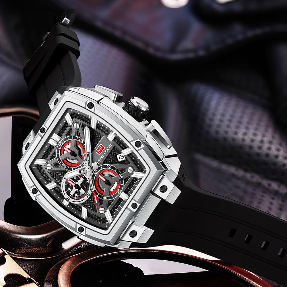 MF MINI FOCUS Men's Watch Analog Waterproof Fashion Date Wrist Watch, Skeleton Tonneau Watch for Men with Chronograph,Ideal for Sports Enthusiasts and Daily Wear - Perfect Gifts for Men, Silver