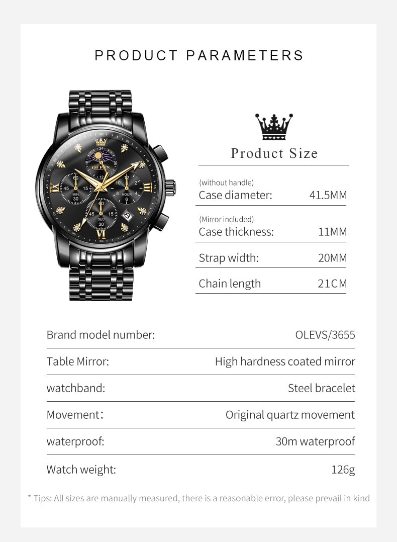 OLEVS Watch for Men Diamond Business Dress Analog Quartz Stainless Steel Waterproof Luminous Date Two Tone Luxury Casual Wrist Watch, black watches 3655, men watch