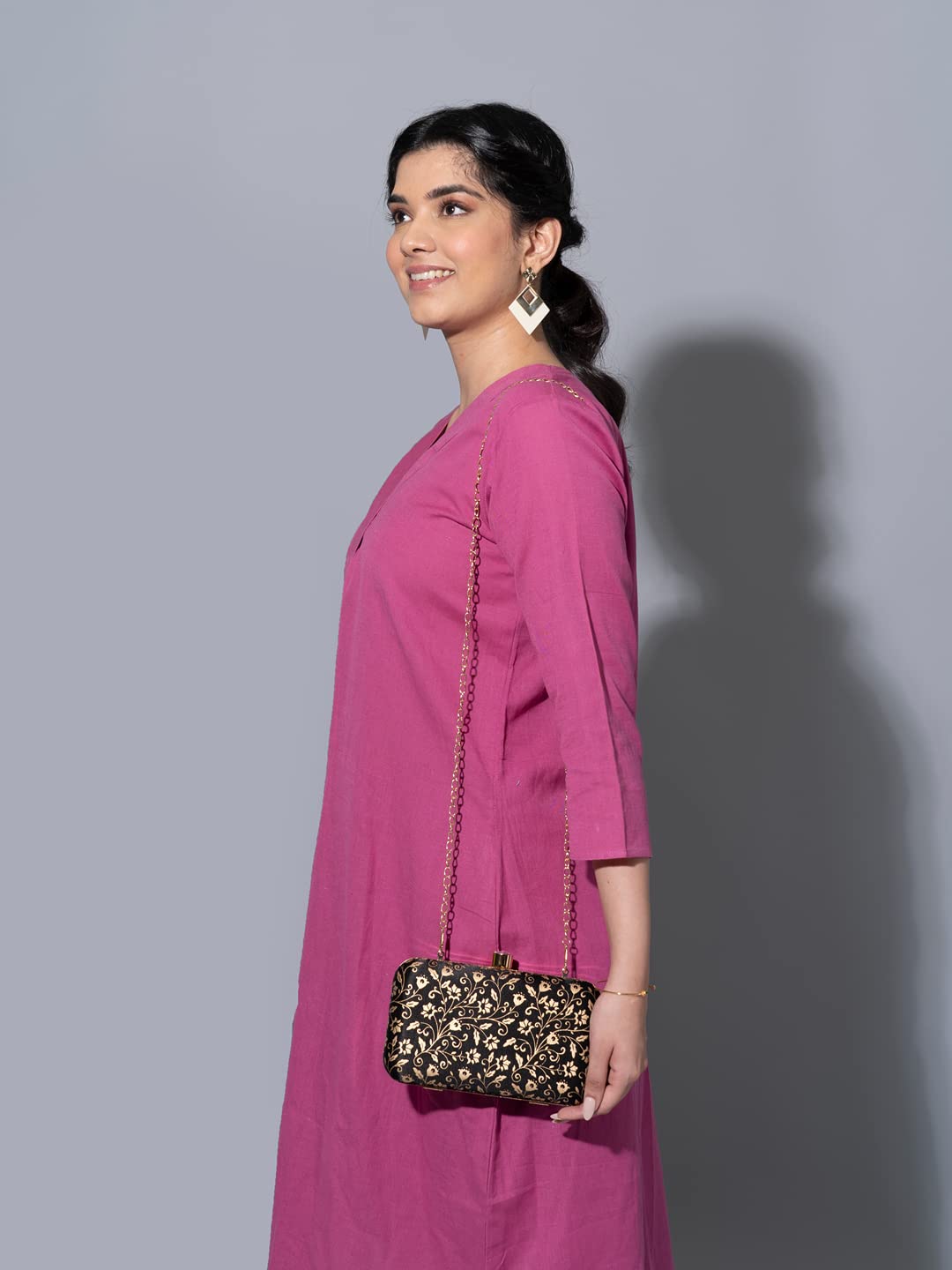 ZOUK Srinagar Garden Floral Printed Women's Mashru silk Black and Golden Clutch for iphone