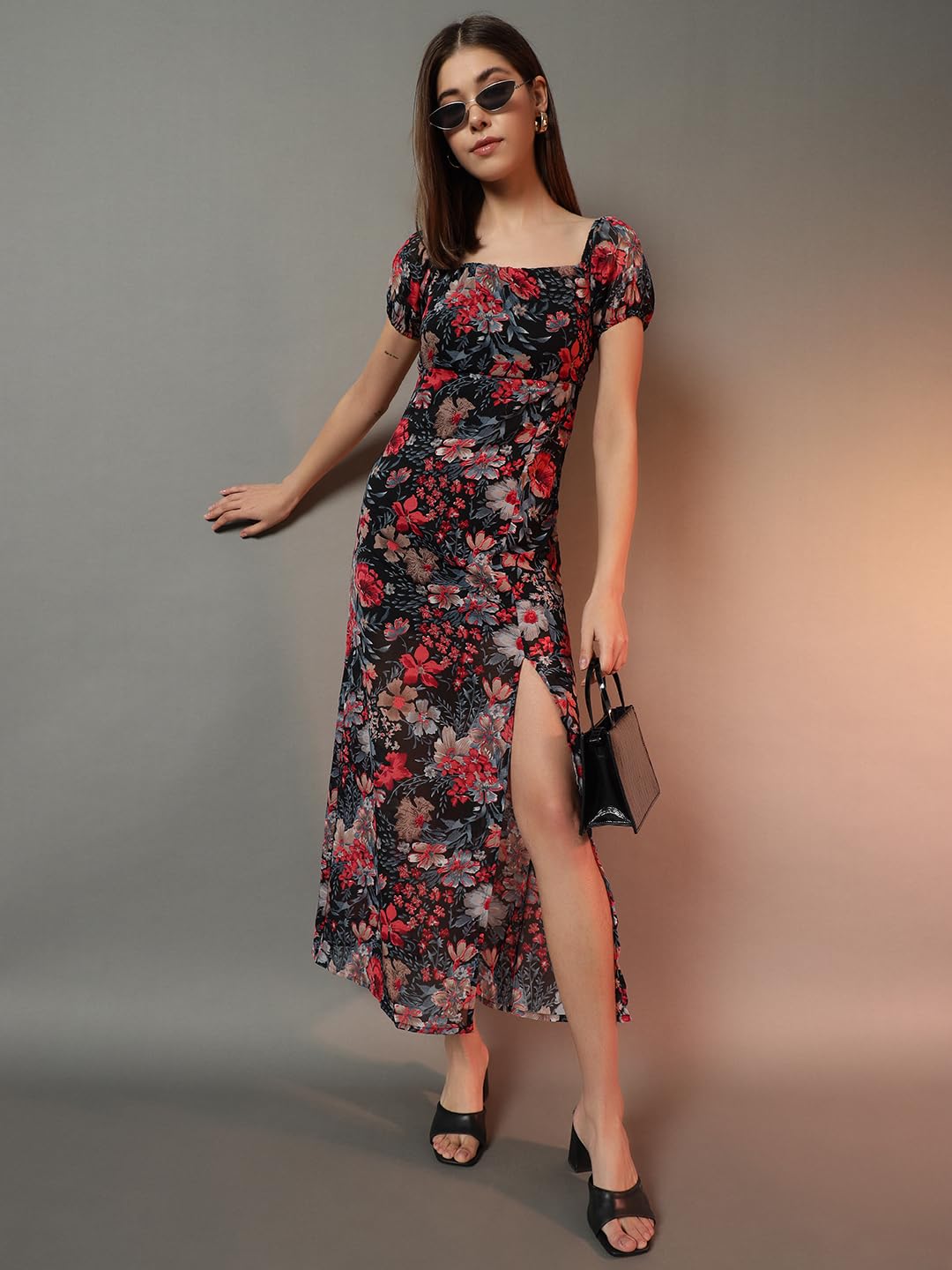 Trend Arrest.ed Floral Printed Maxi Dress for Women with Lining | Square Neck Puff Sleeve Slit Style | Casual Western Long Dress for Day