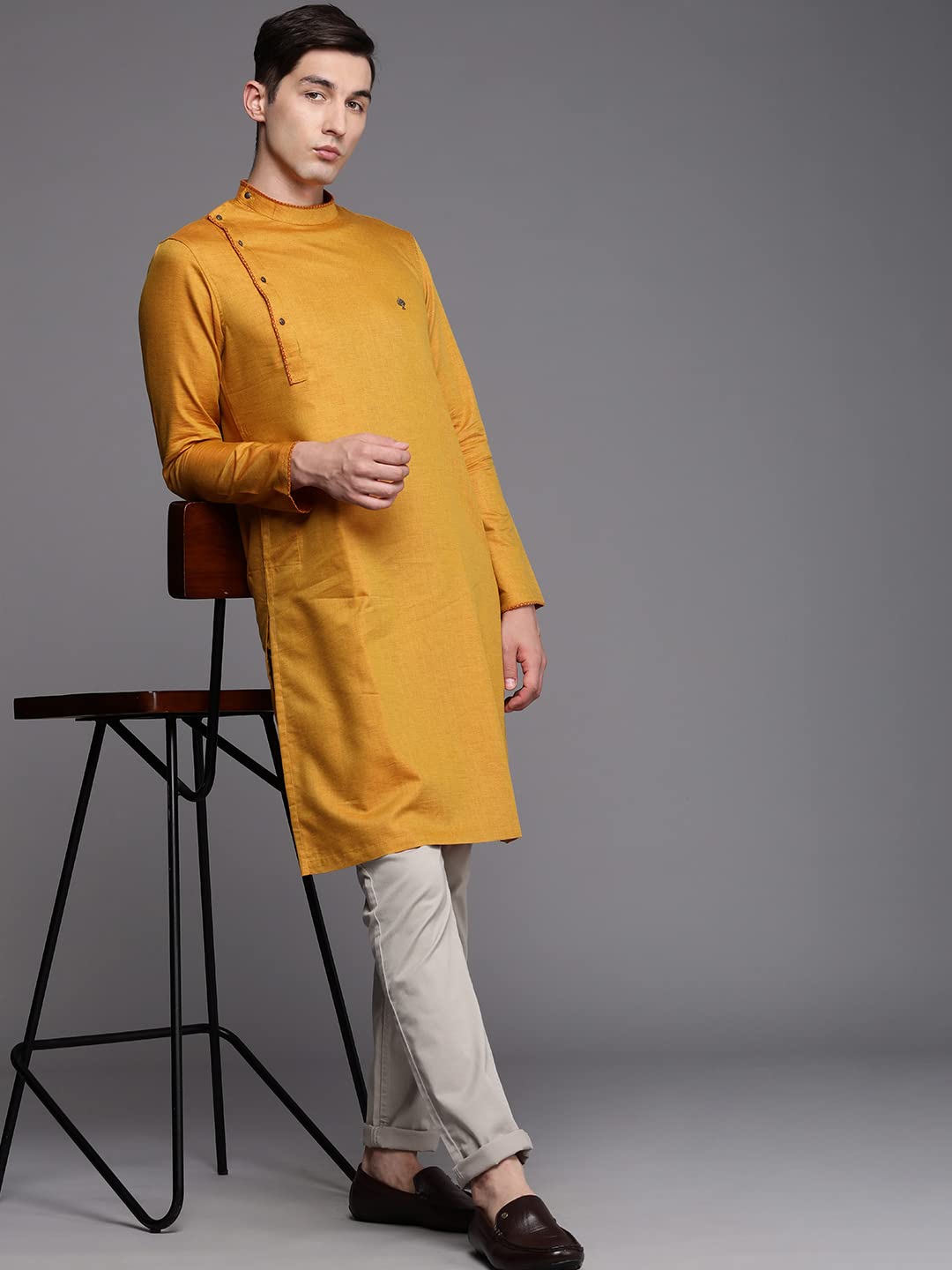 Manyavar Men's Kurta, Full Sleeves Mandarin Collar Ethnic Knee Length Kurta Only, Kurta for Festival, Wedding, Party & Anniversary, Blended Cotton (Mustard, L)