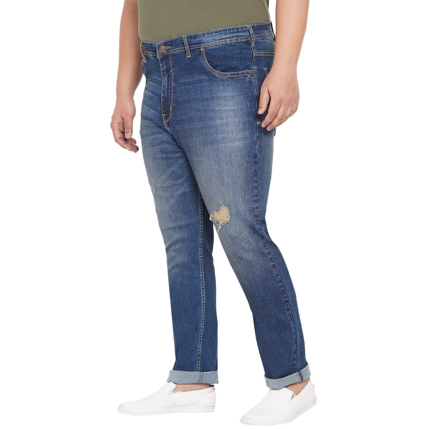 JOHN PRIDE Plus Size Men's Stretchable Mid-Rise Comfort Fit Ripped Blue Cotton Jeans for Men