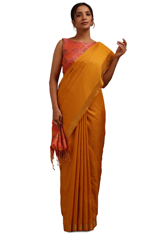 Soch Womens Mustard Silk Blend Solid Saree