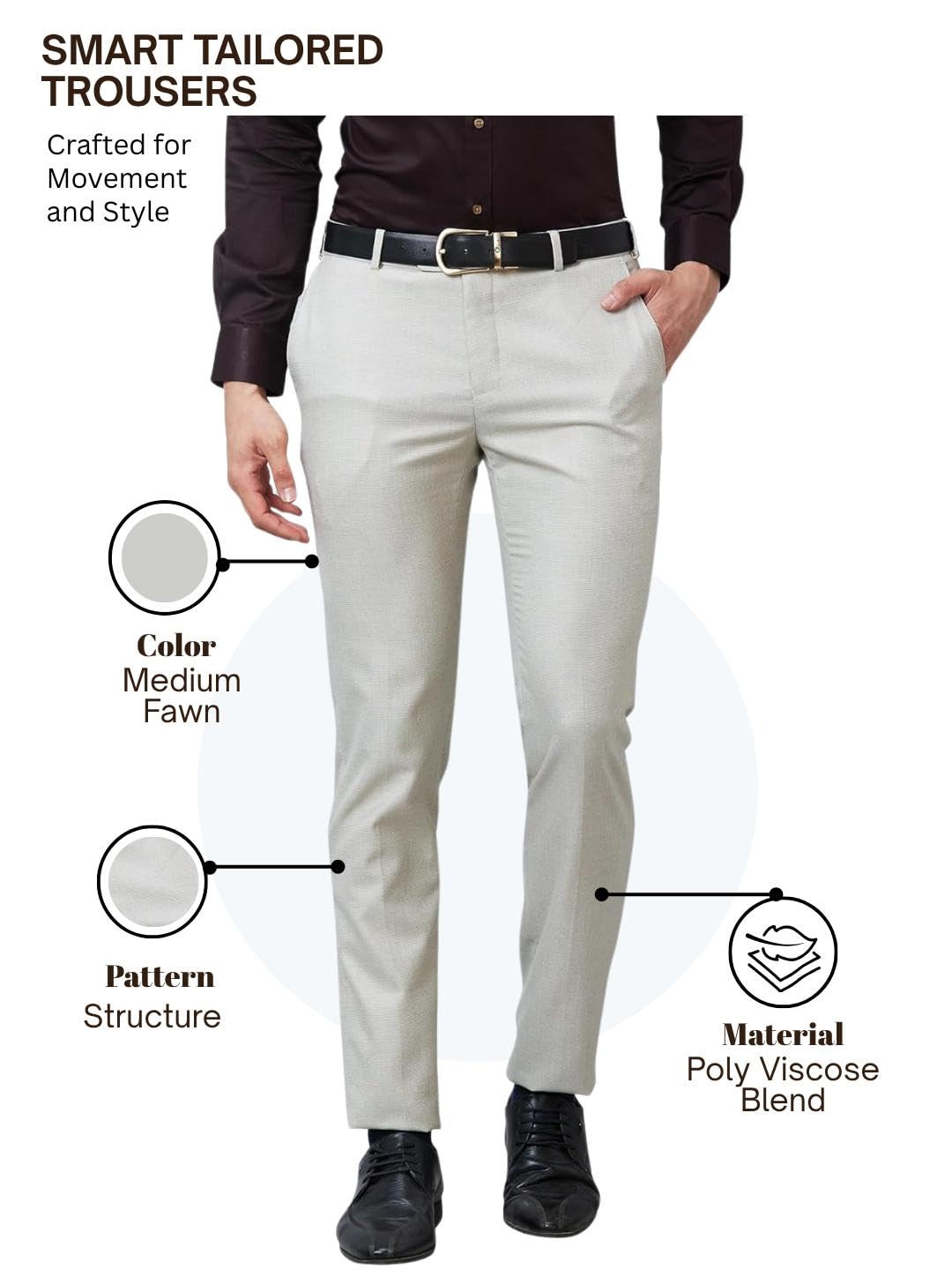 Raymond Men's Slim Fit Poly Viscose Blend Flat Front Structure Pattern Fawn Formal Trouser (Size: 32)-RMTS05210-F3