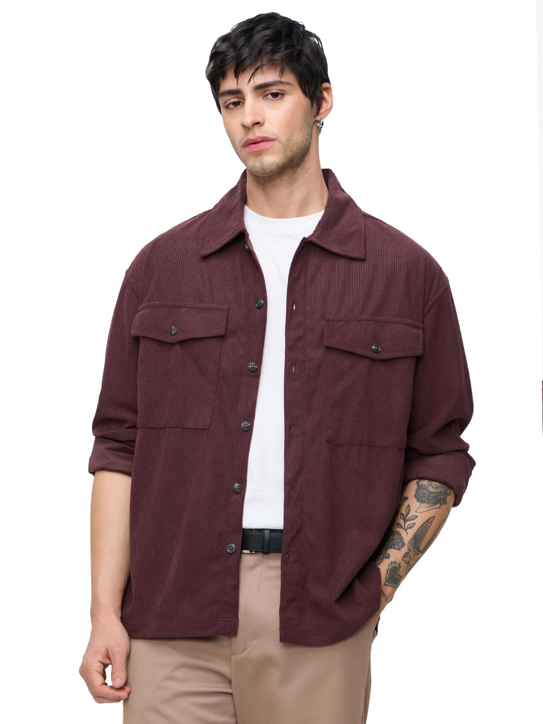 The Souled Store Corduroy Shacket: Maroon Men and Boys Long Sleeves Collared Neck Button Front Solid Polyester Oversized Shackets
