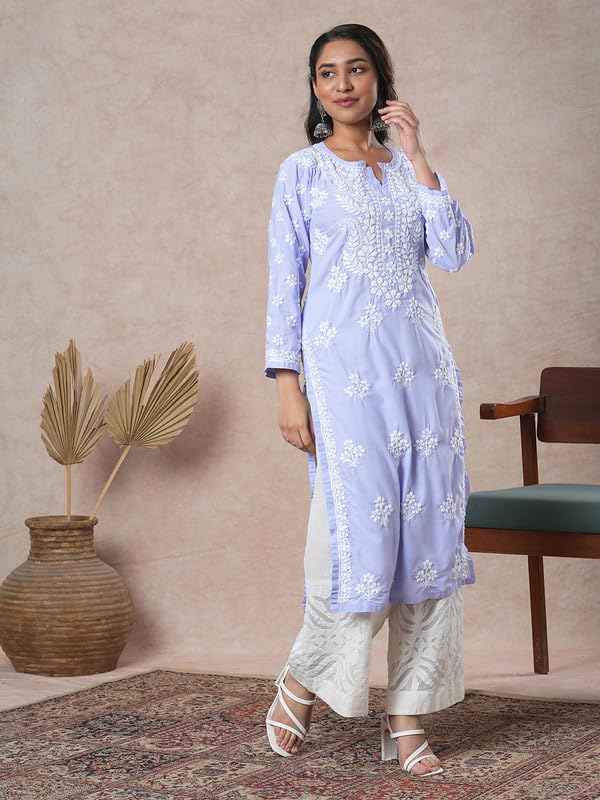 Ada Hand Embroidered Lucknowi Chikankari Cotton Kurta Kurti Tunic for Women A411700 Mauve (2XL)
