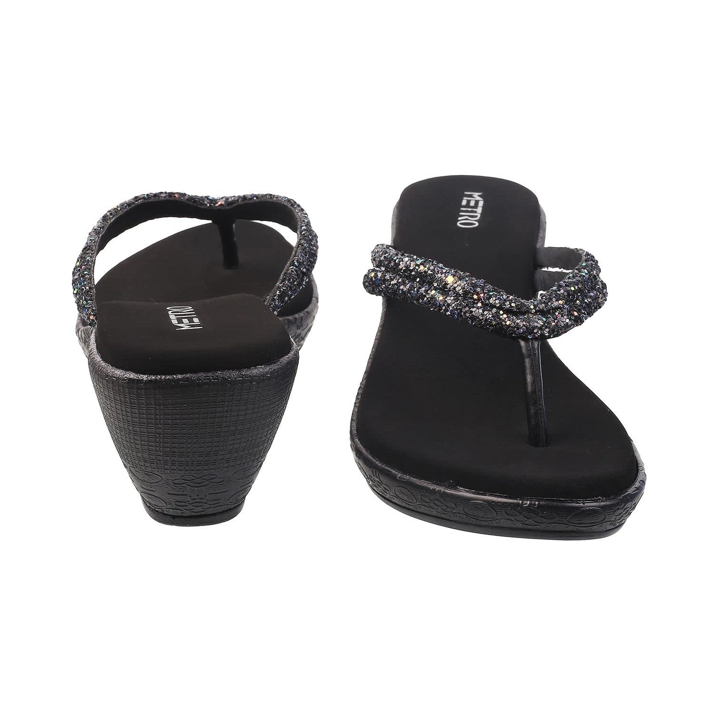 Metro Women Black Synthetic Leather Wedge Heel Sandal - SaumyasStore