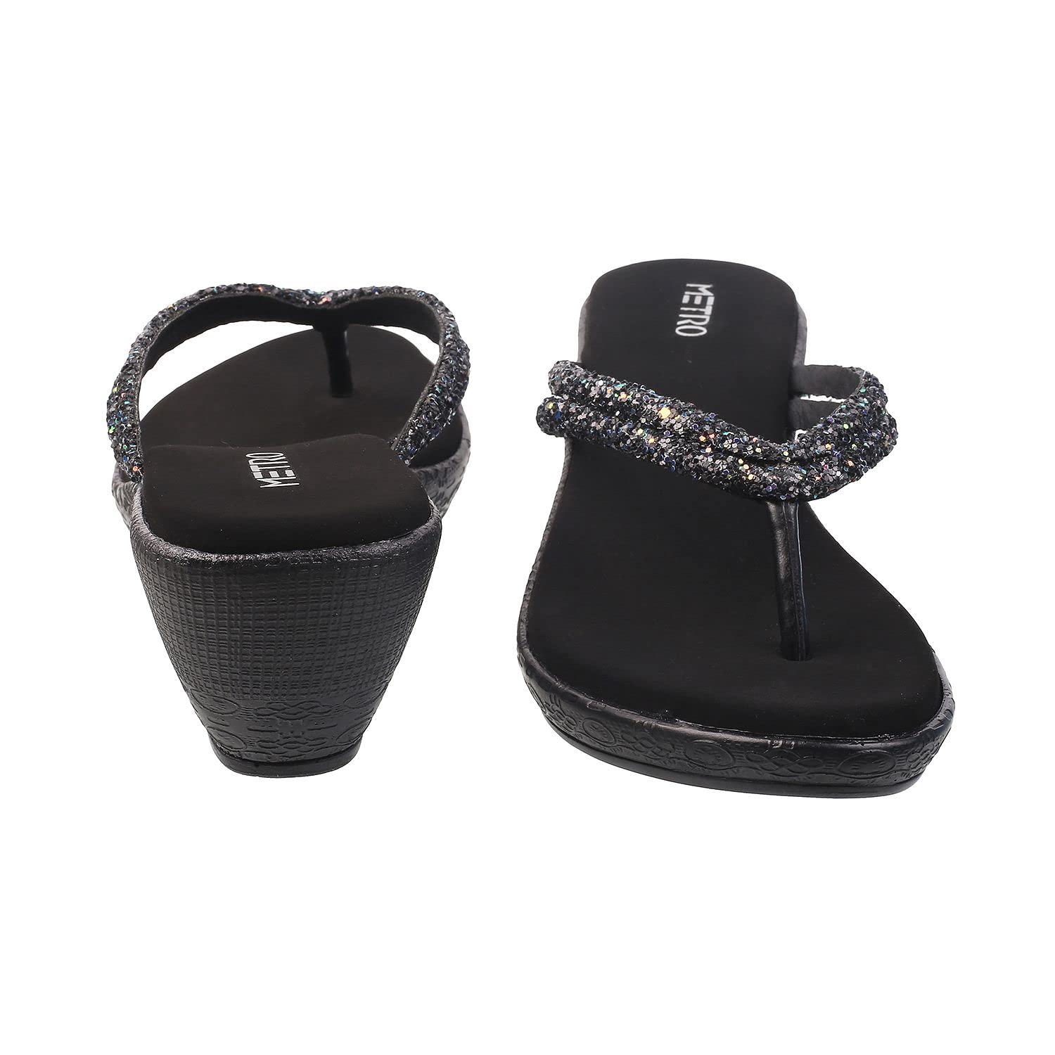 Metro Women Black Synthetic Leather Wedge Heel Sandal - SaumyasStore