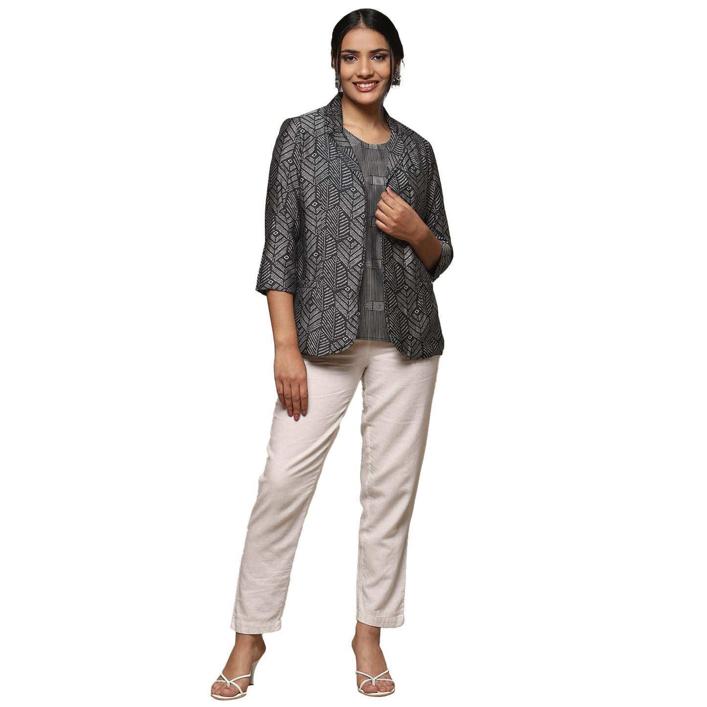 BIBA Women's Poly Viscose PRINTED Long Length MIX AND MATCH Jacket(MONOCHRO18927_MARB.CRB_36), Large, Multicolor