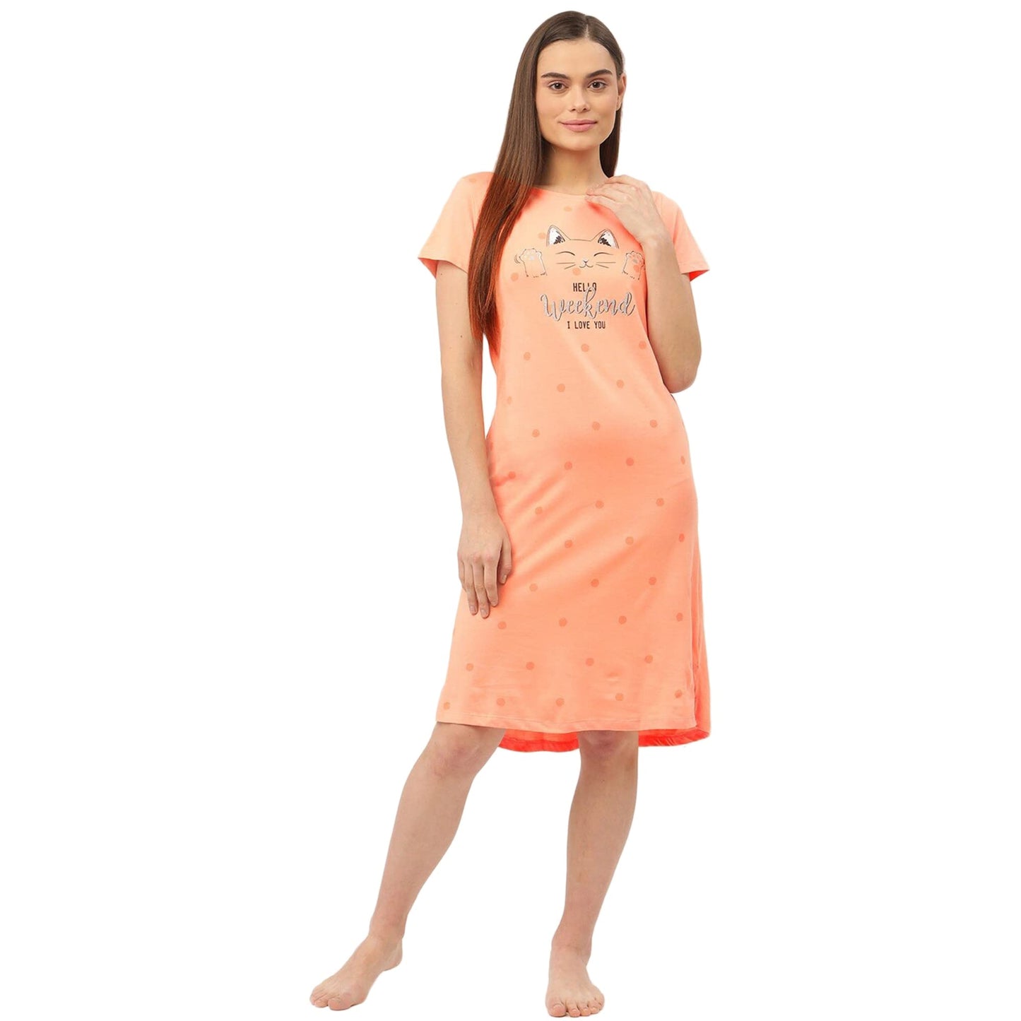 Sweet Dreams Women's Cotton Above The Knee Short Night Dress Nightgown (2279AV Tropical Peach S)