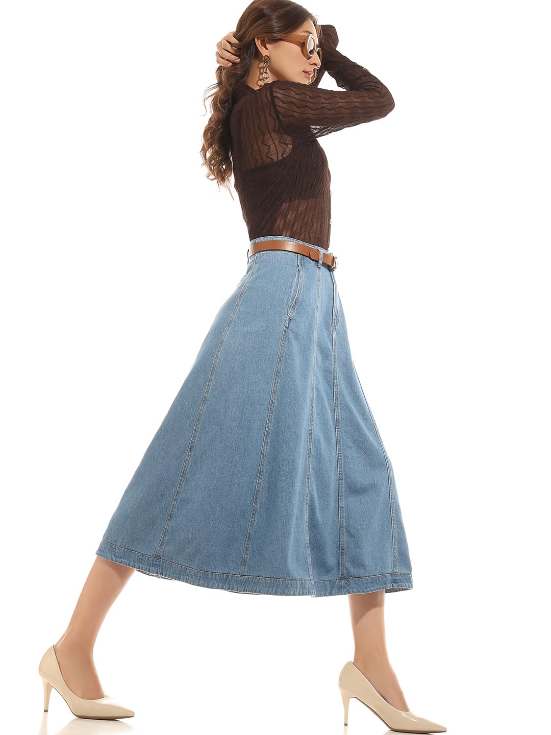 VERO MODA Women Solid Blue Cotton A-Line High Rise Midi Length Skirt
