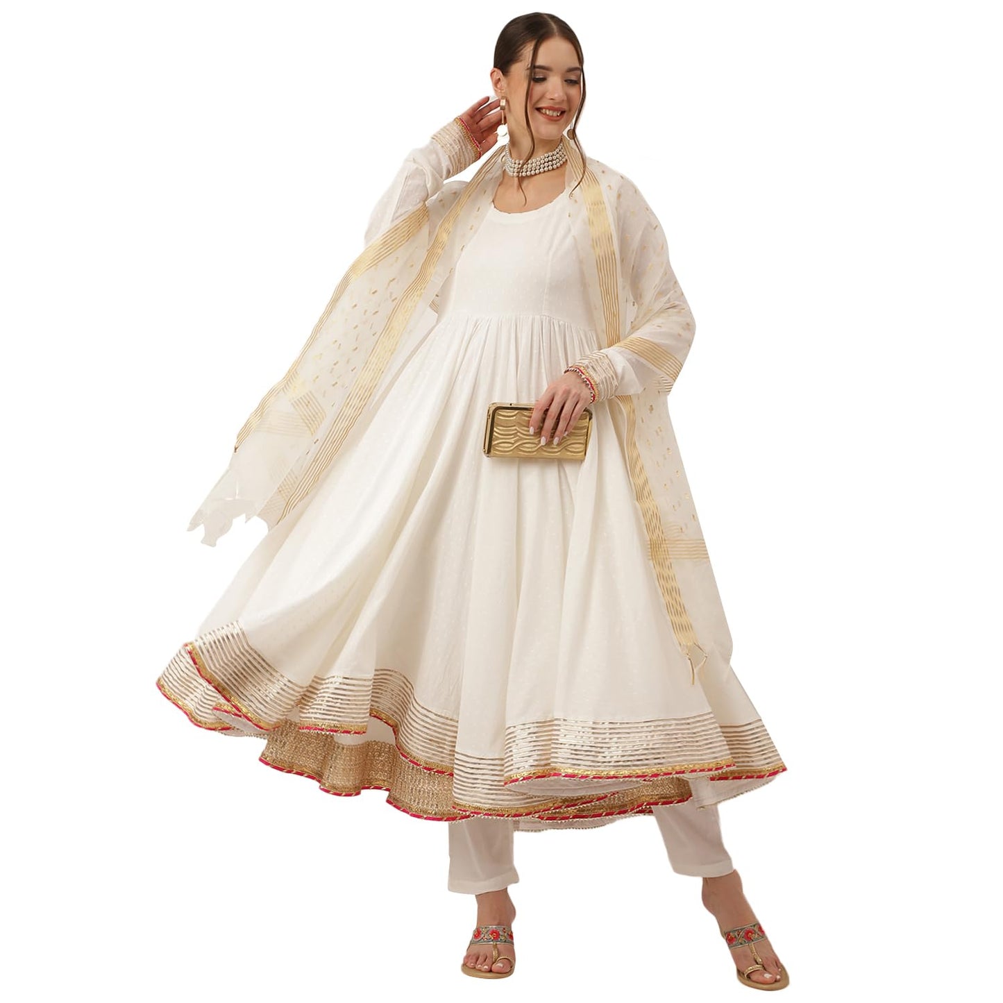 Divena Off White Shree Ram Buta Print Cotton Layered Anarkali Kurta, Trouser With Dupatta