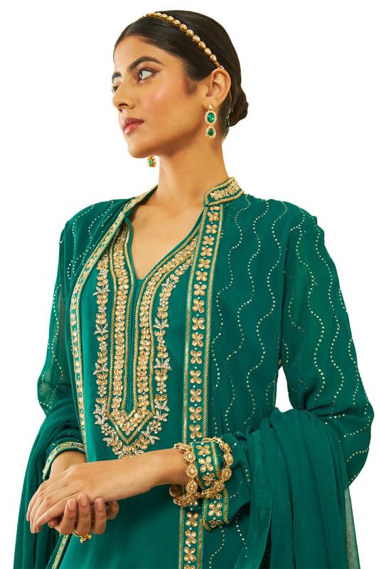 Soch Womens Green Georgette Floral Embroidered Chudidar Suit Set with Stonework(OWS2CD2108A)