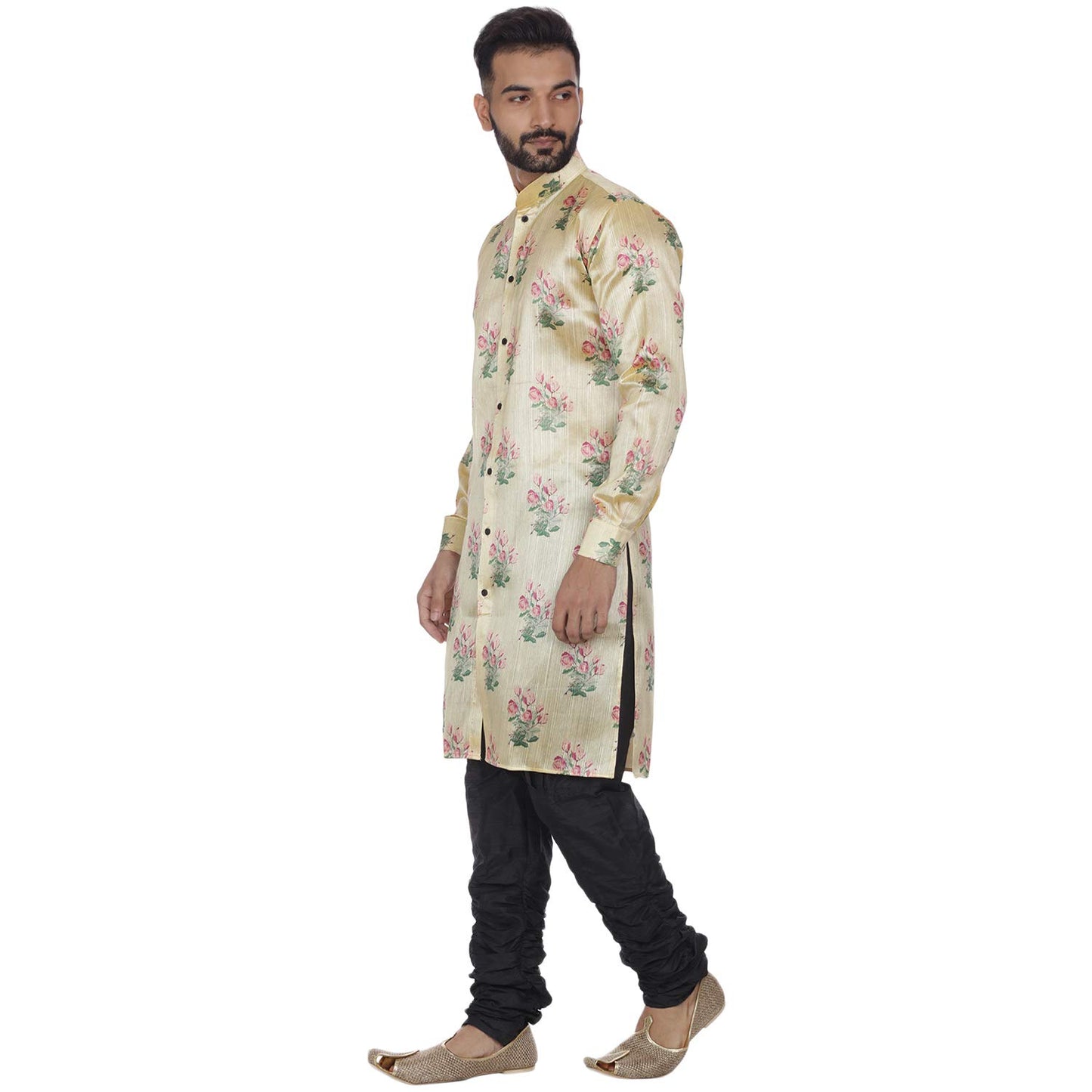 Veera Paridhaan Men's Beige Printed Zig Zag Long Silk Kurta and Black Silk Payjama