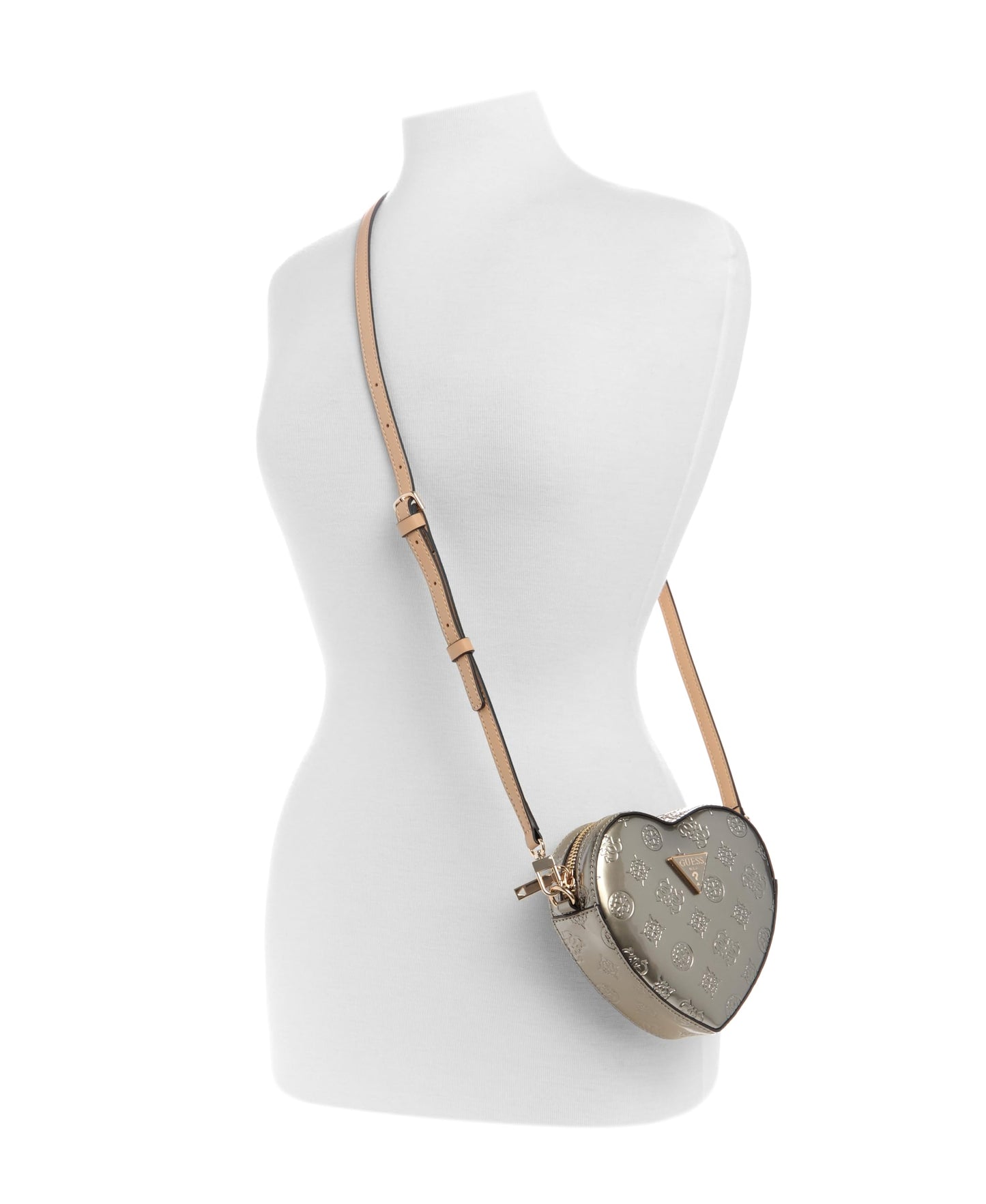 GUESS Pewter Logo Textured Arnela Mini Heart Shape Crossbody Bag