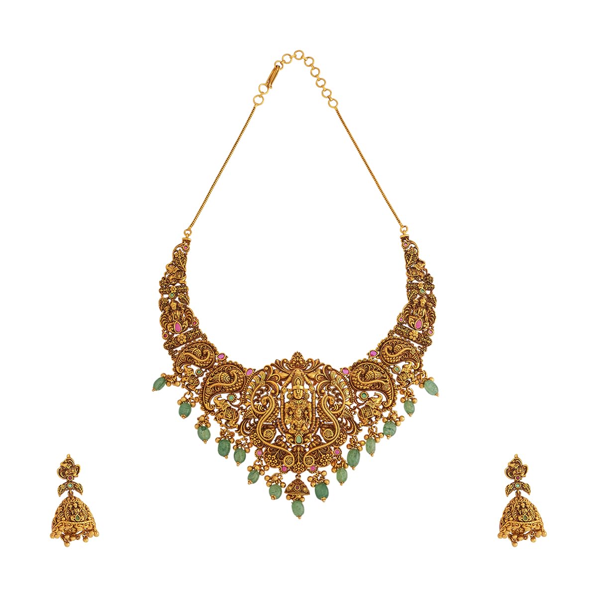 KUSHAL'S Fashion Jewellery Ruby-Green Gold Polished Antique Short Necklace With Push Back Jhumkas and Adjustable Chain for Bridesmaids, Necklace set for women - 435921