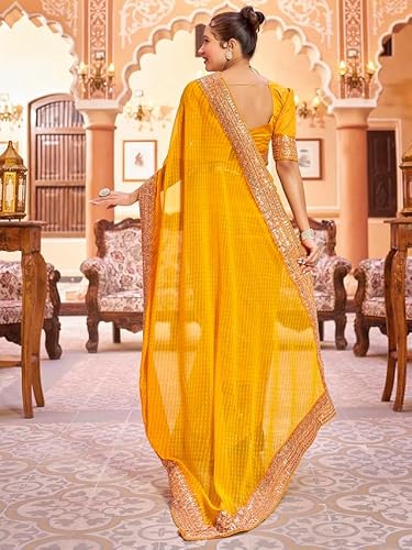 Satrani Women's Georgette Printed & Embroidery Lace Saree with Unstitched Blouse Piece (3463S236N_Yellow)